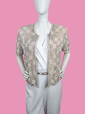 Vintage Stenay 100% Silk Beaded Jacket M Champagne Pearl Bridal  Evening Top